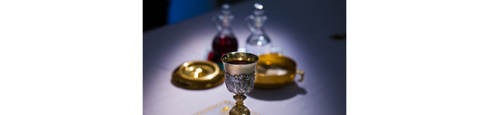 Chalice Water Wine and Ciborium arranged on the Altar