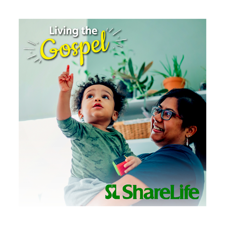 Text ShareLife Living the Gospel with and image of a mother holding a young boy